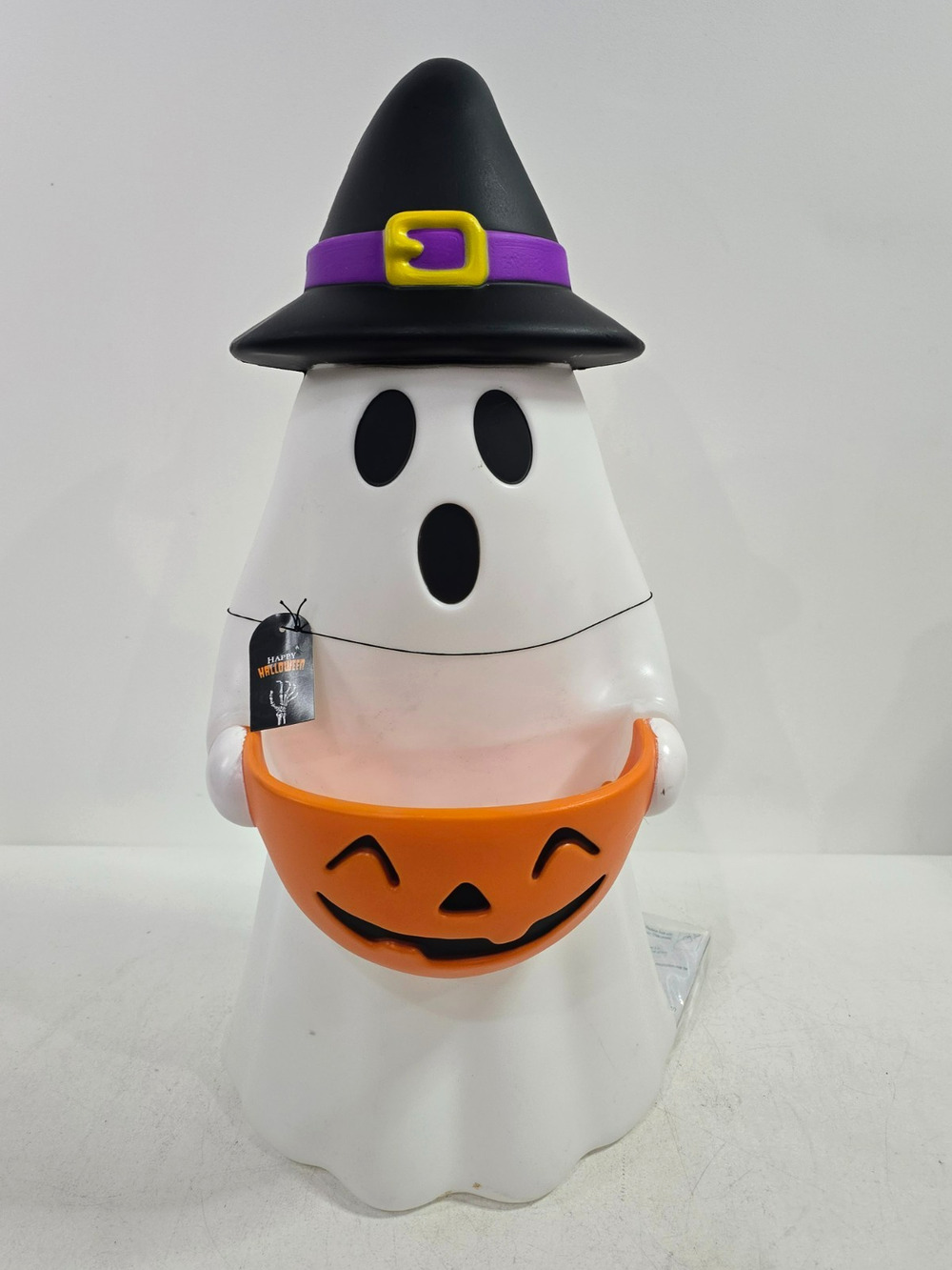 Halloween Ghost Witch Holding Pumpkin Candy Holder Lighted Blow Mold 24"